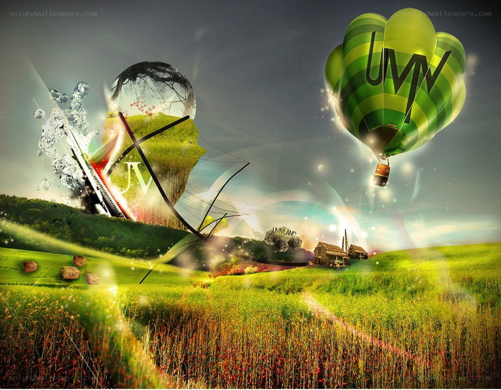 green landscape with hot air balloon