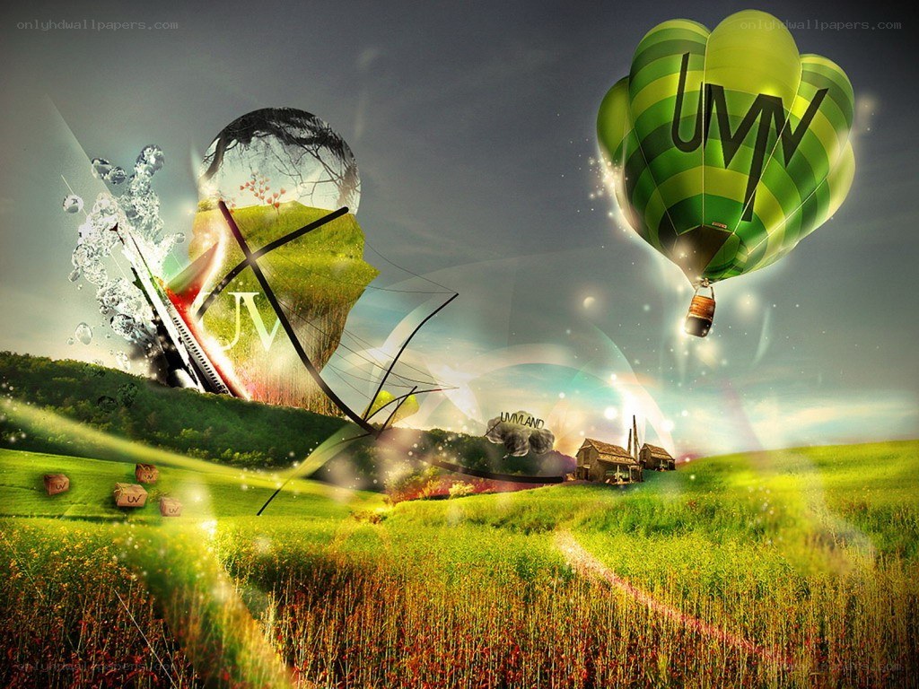 Green landscape with hot air balloon