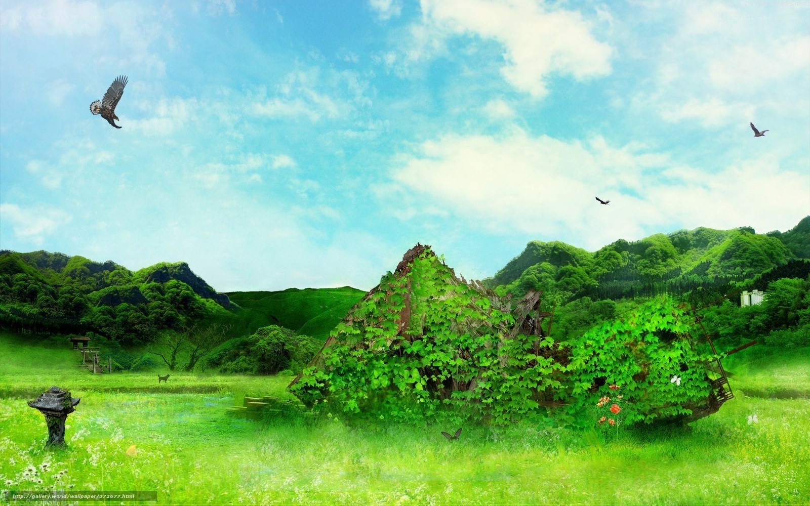 Green landscape with shipwreck