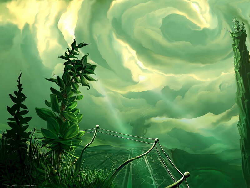 Green landscape with swirling sky