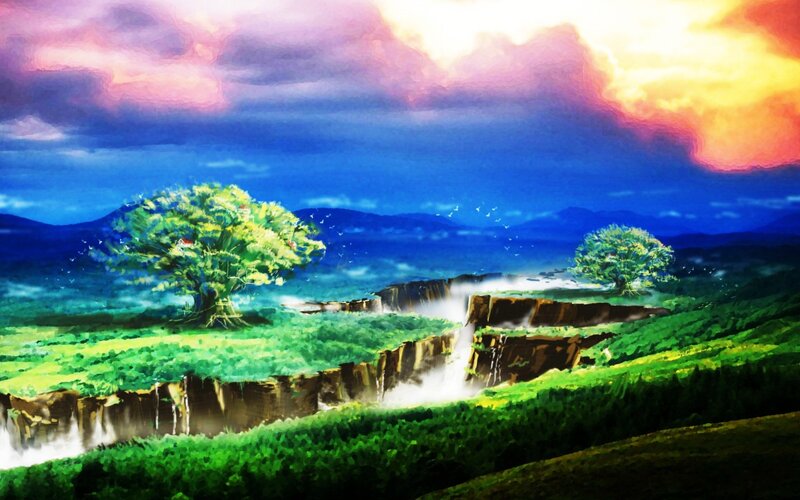 Green Landscape with Waterfall