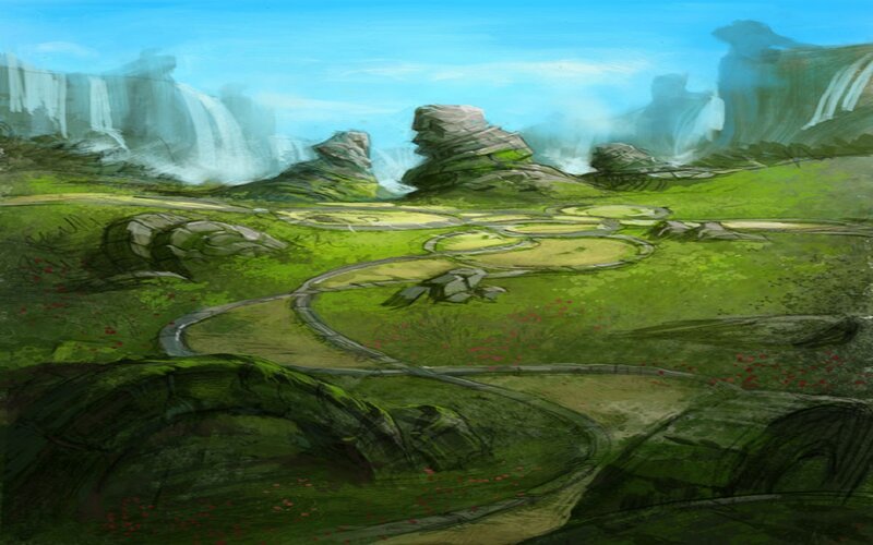 Green Landscape with Waterfalls