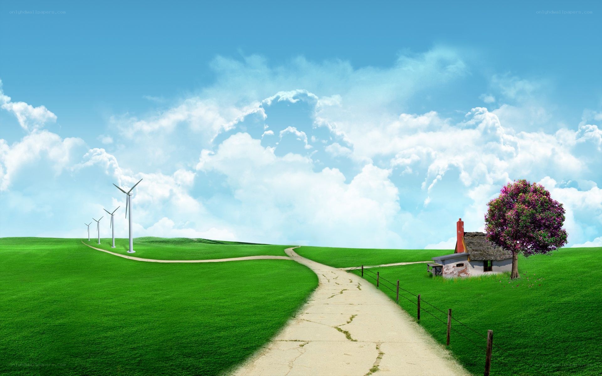 Green landscape with wind turbines