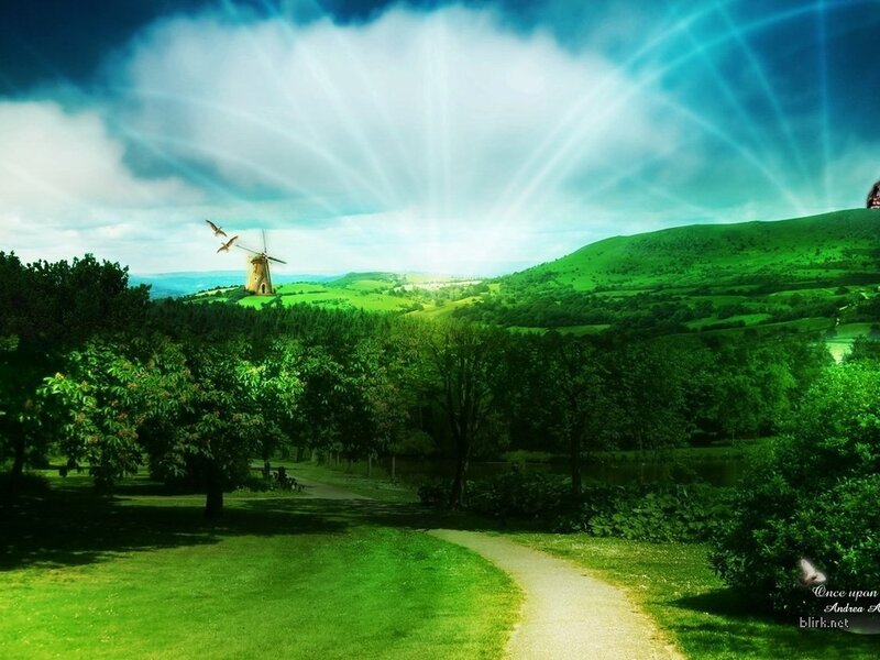 Green landscape with windmill