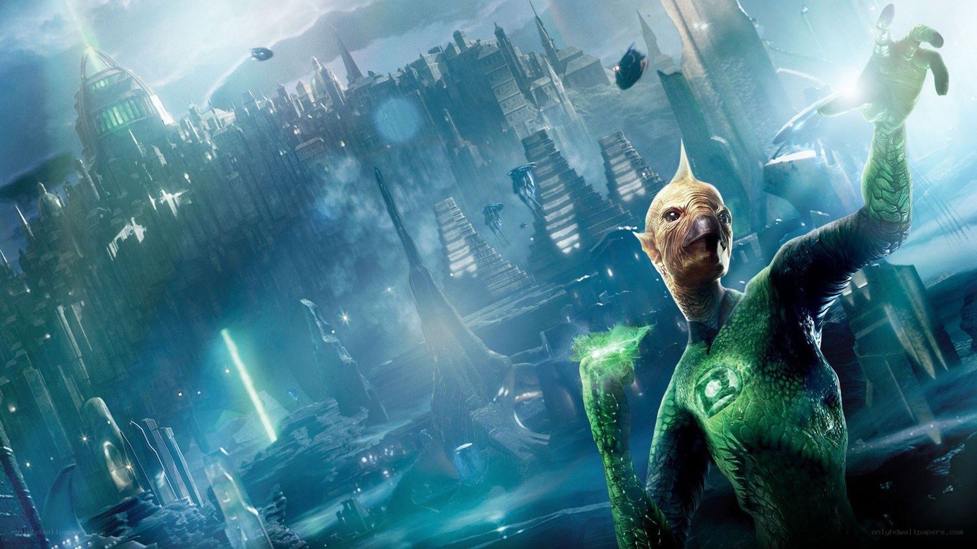 Green Lantern alien in futuristic city