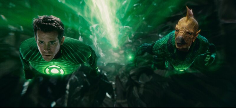 Green Lantern and alien flying