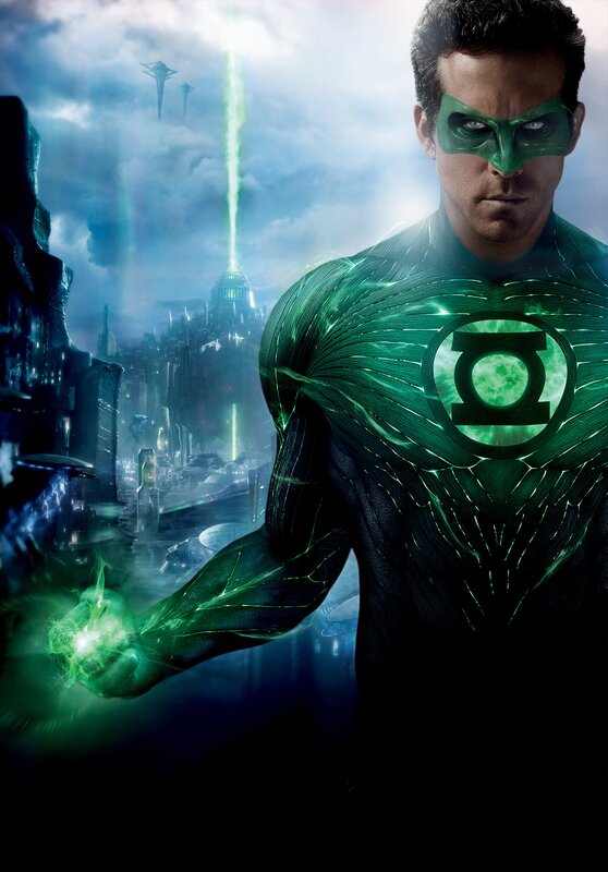 Green Lantern Character — Dramatic, Digital Art, Cityscape, Spaceships, Energy Beam