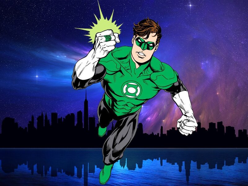 Green Lantern Flying — Dramatic, Night, Comic, City Skyline