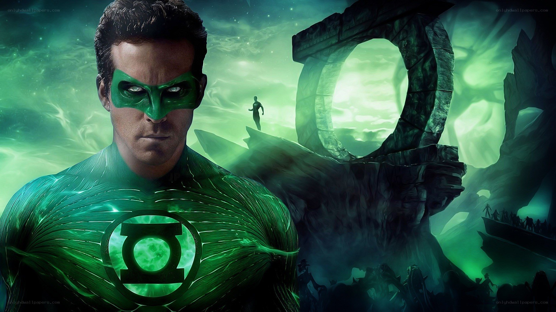 Green Lantern in alien landscape