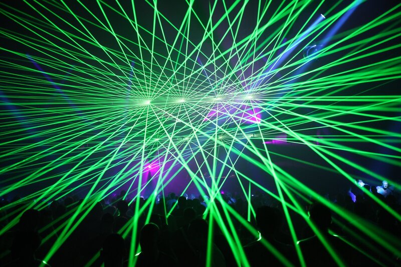 Green Laser Lights — Energetic, Night, Photograph, Crowd