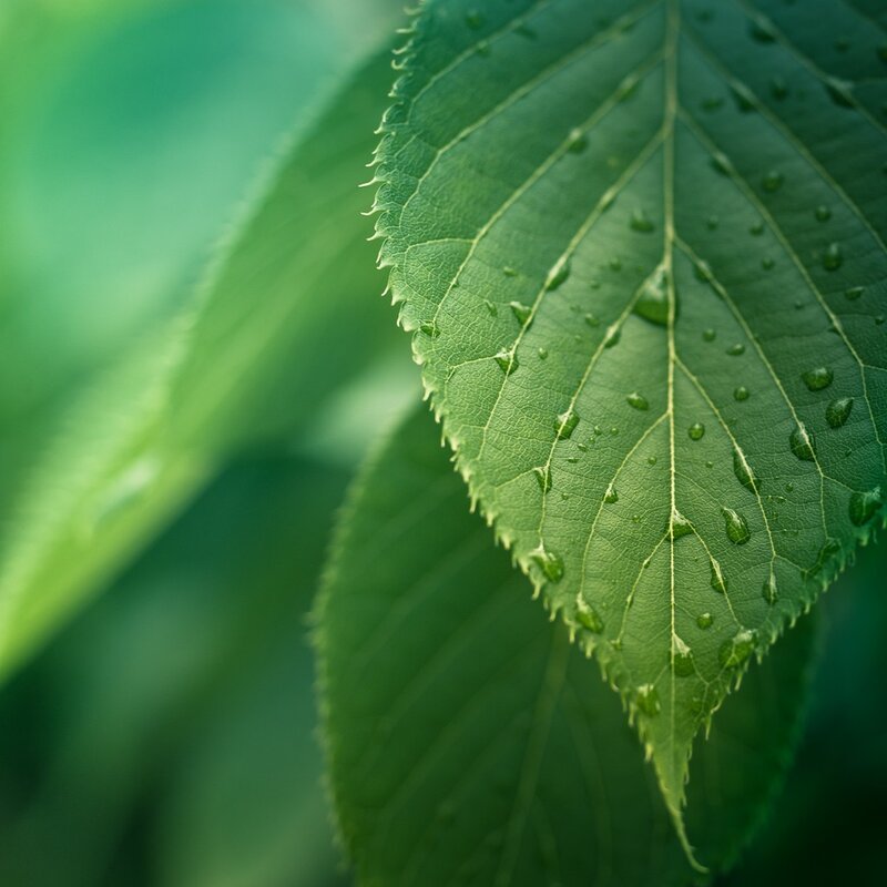 Green Leaf with Water Droplets — Serene, Photograph, Water Droplets, Veins, Square