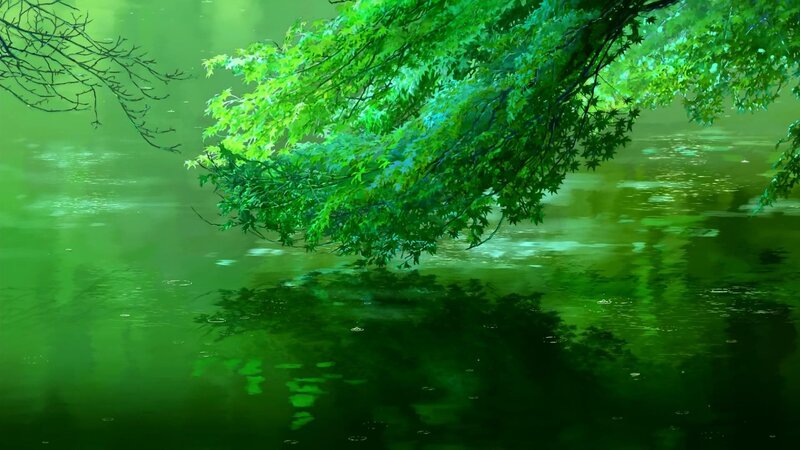 Green Leaves over Water — Serene, Digital Art, Branches