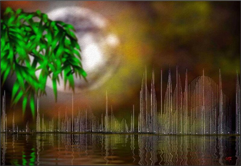 Green Leaves over Water — Serene, Night