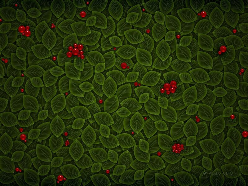 Green Leaves with Red Berries — Natural, Digital Art, Vladstudio