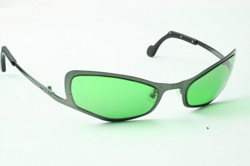 green-lensed sunglasses