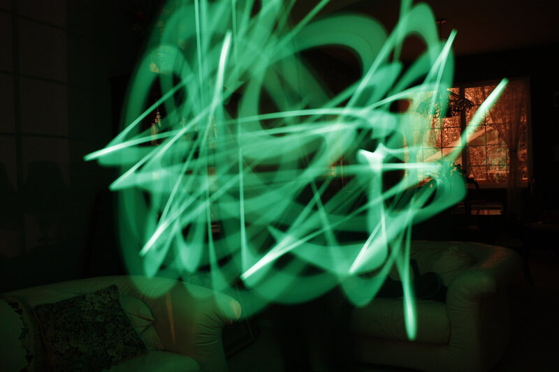 Green light art in a living room