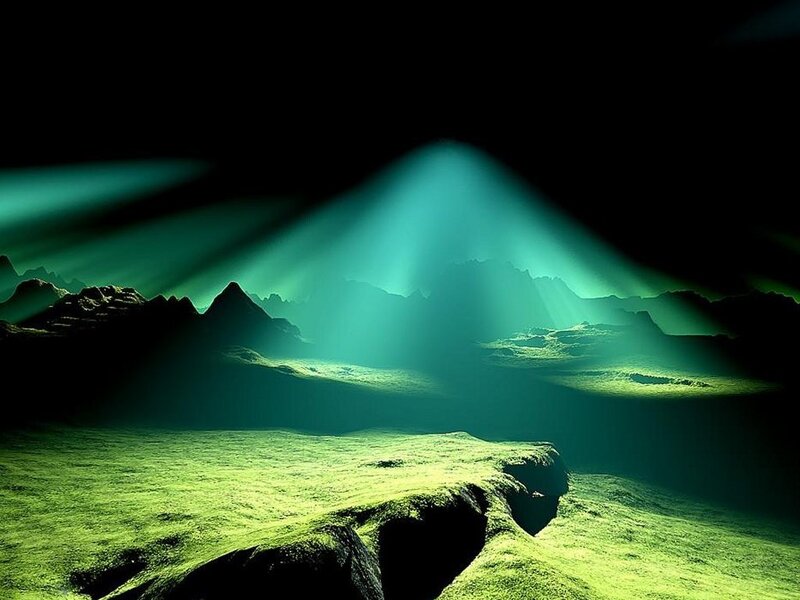 green light beams on mountains
