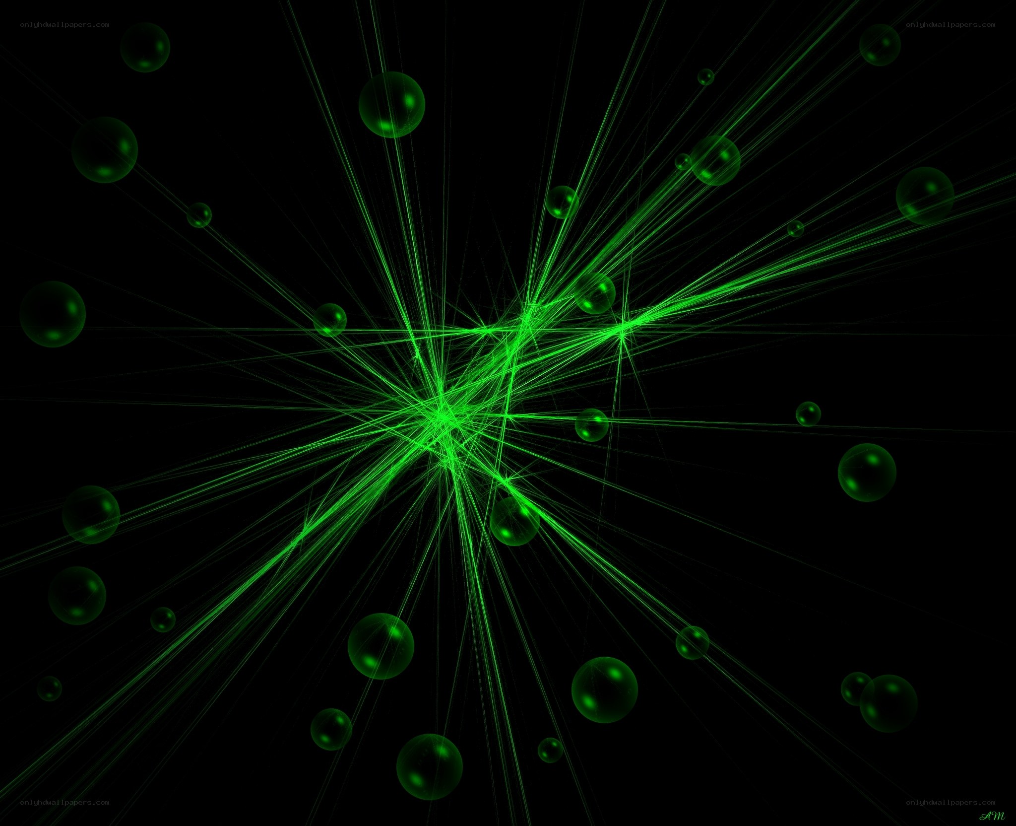 green light burst with spheres