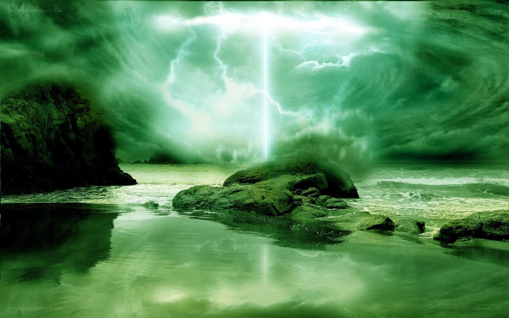 Green lightning storm at sea