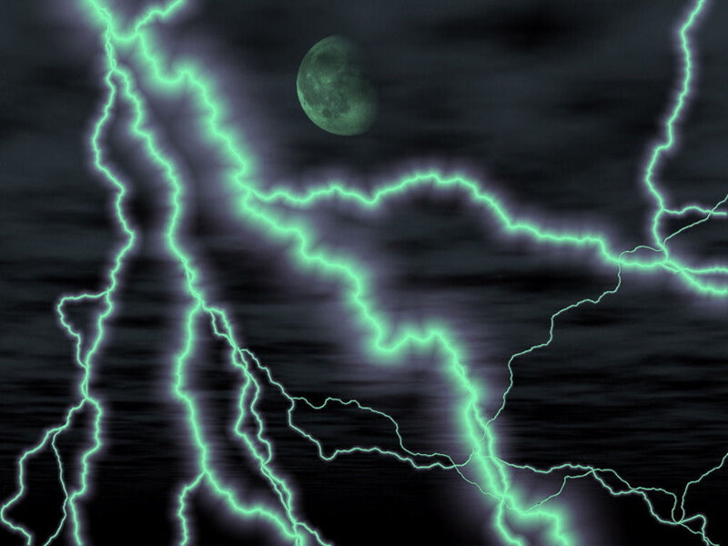 Green lightning storm with moon