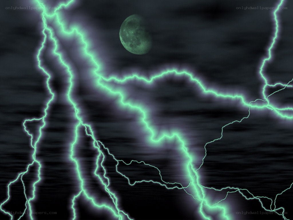 Green lightning storm with moon