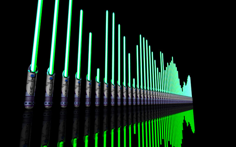 Green lightsabers in formation