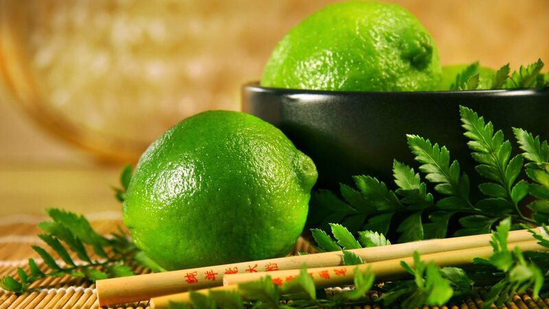 Green Limes on Mat — Calm, Photograph, Chopsticks, Bowl, Leaves