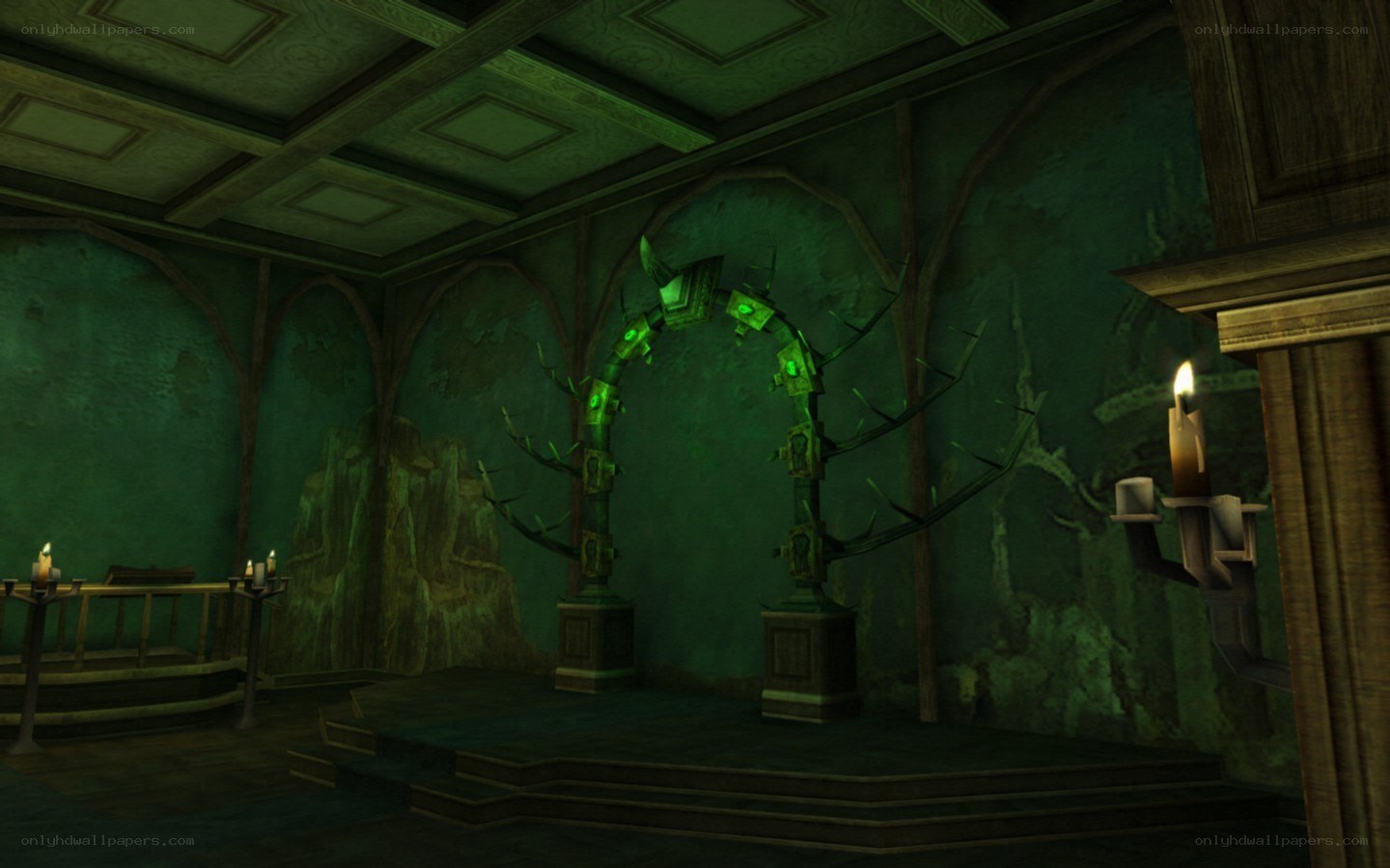green-lit arch in a stone chamber
