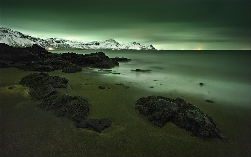 Green-lit Beach at Night