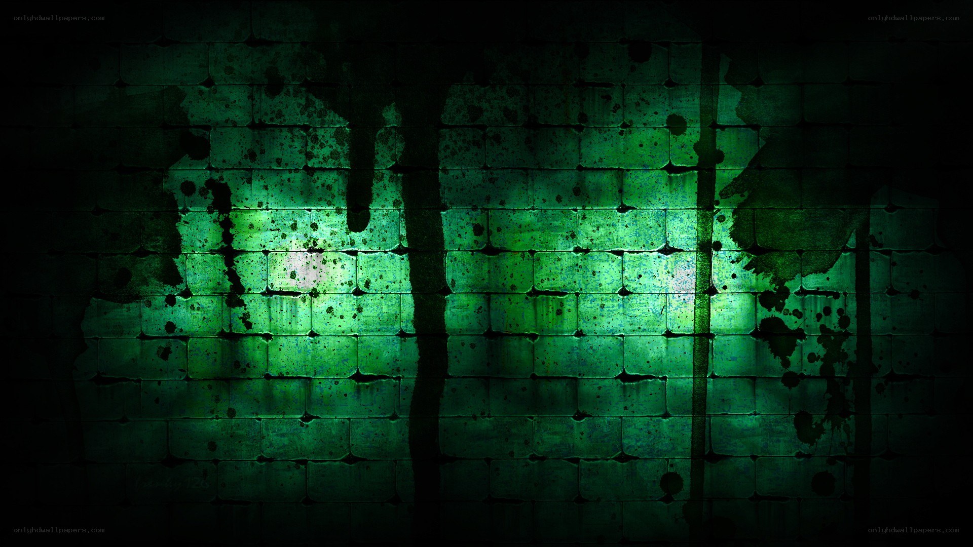 green-lit brick wall with splatters