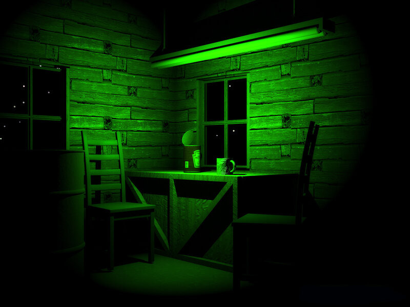green-lit cabin interior