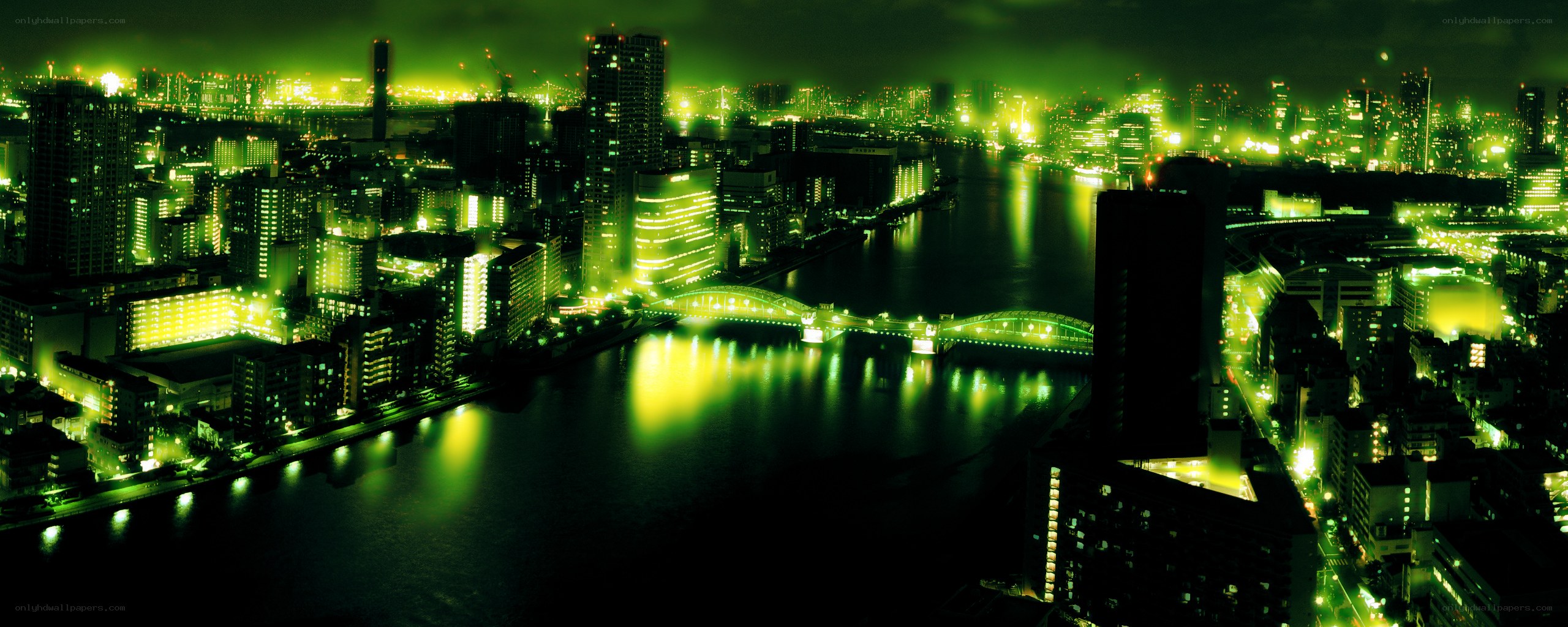 green-lit city at night