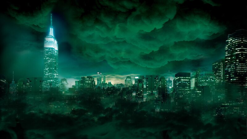 green-lit city skyline