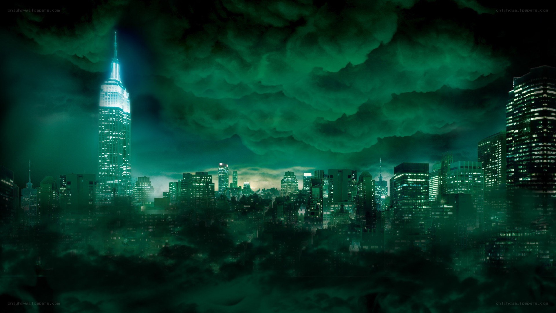 green-lit city skyline