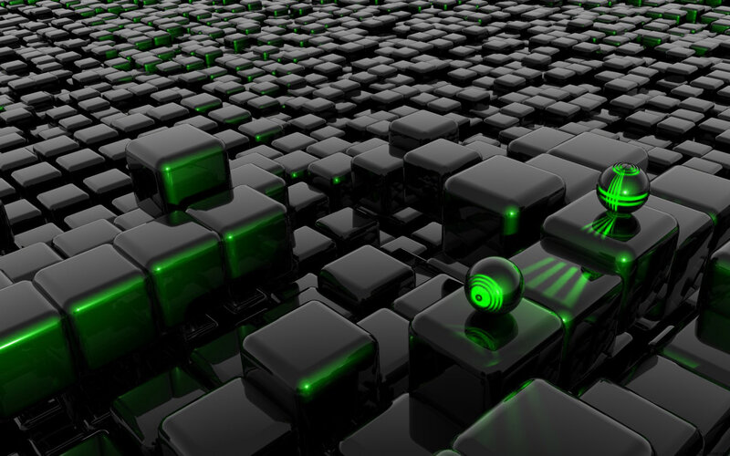 green-lit cubes and spheres
