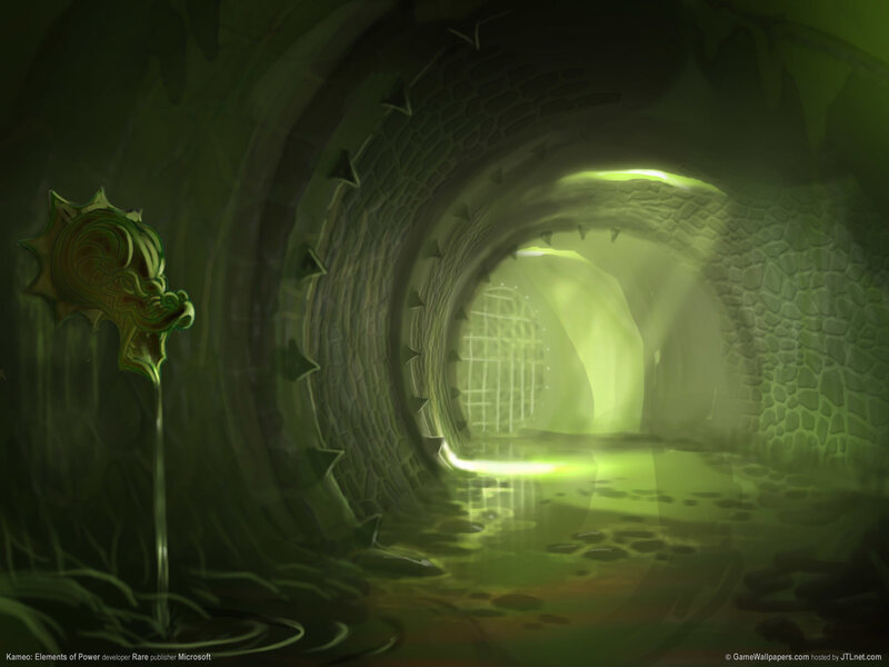 green-lit dungeon tunnel