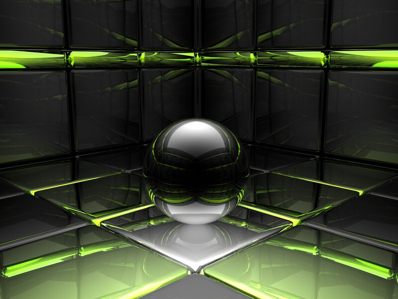 green-lit glass cube room