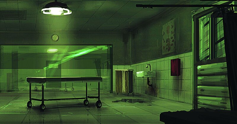 Green-lit morgue room