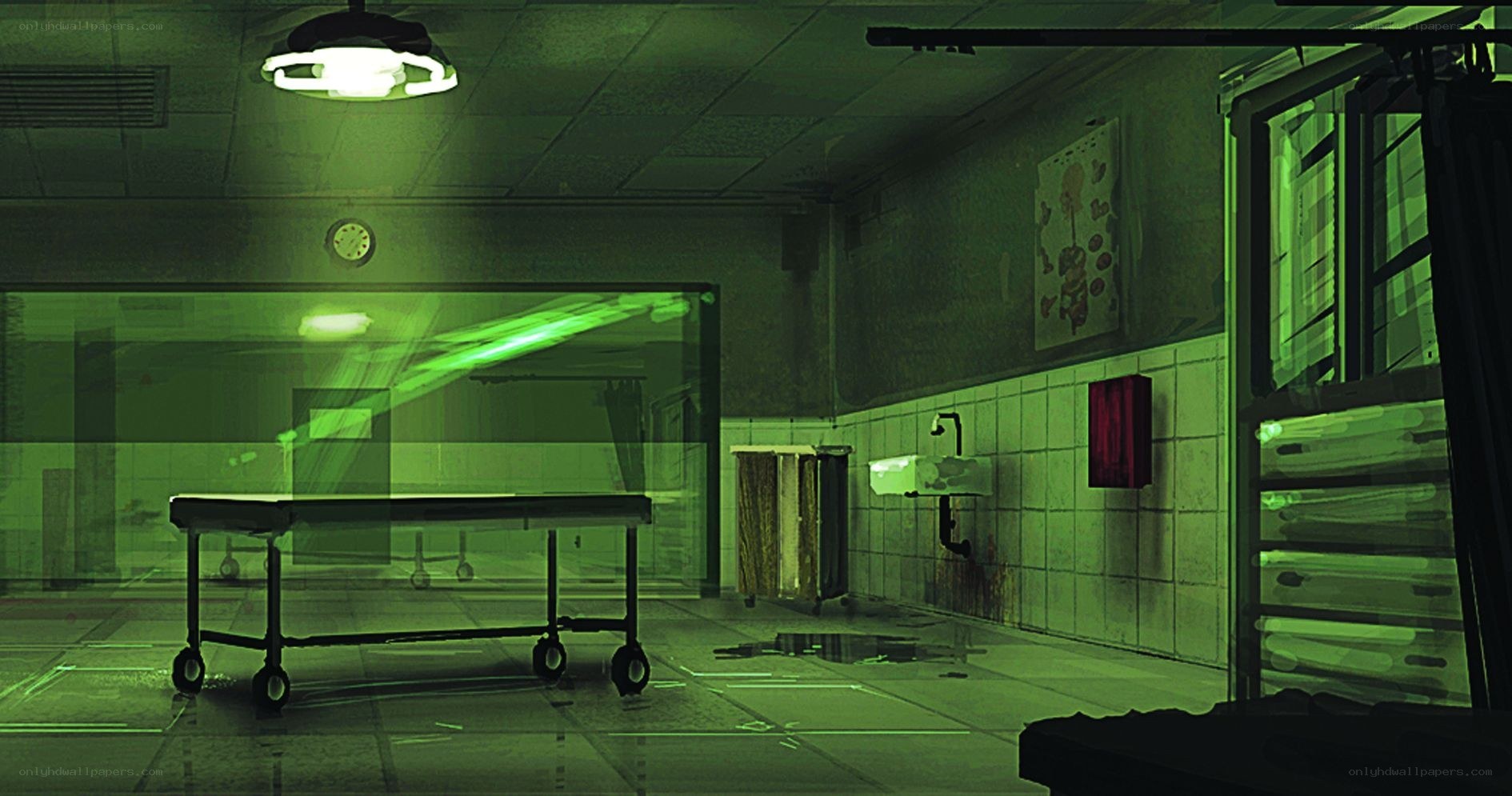 Green-lit morgue room