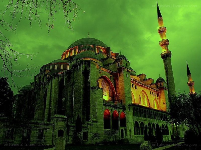 Green-lit mosque at night