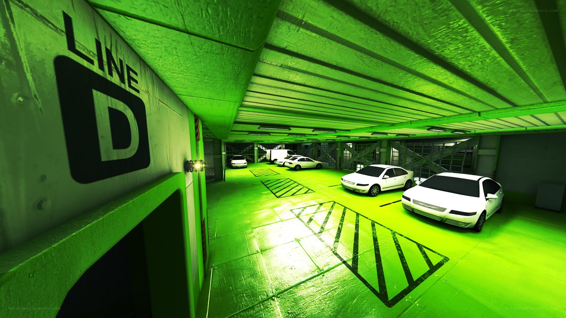 green-lit parking garage