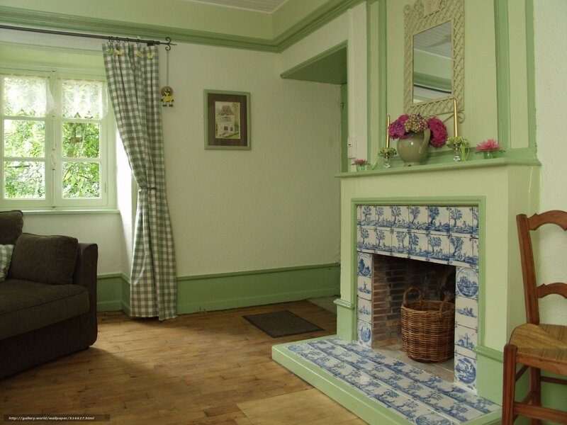 green living room with fireplace