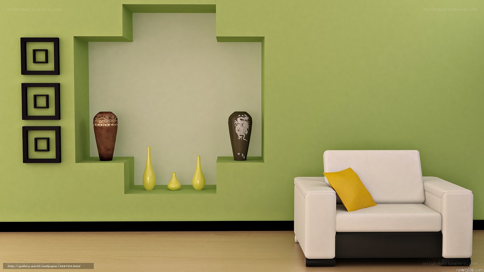 Green living room with white armchair