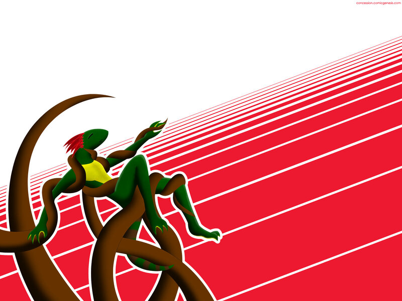 green lizard character on red background