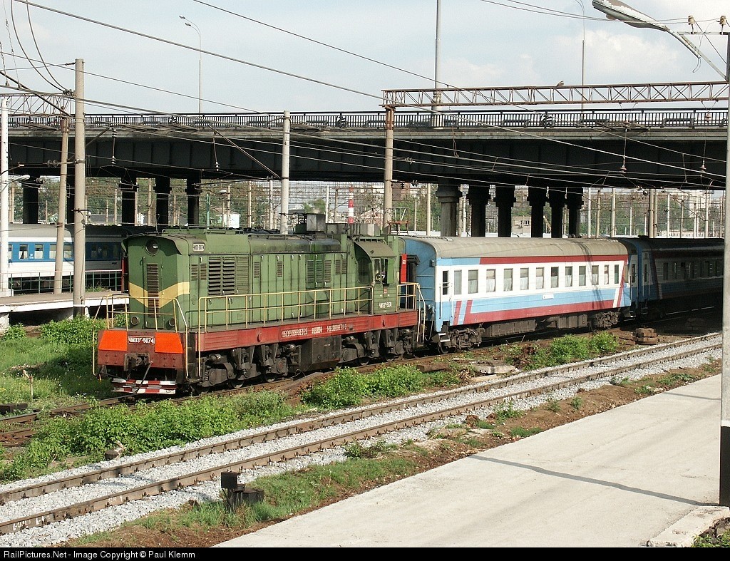 Green locomotive pulling train