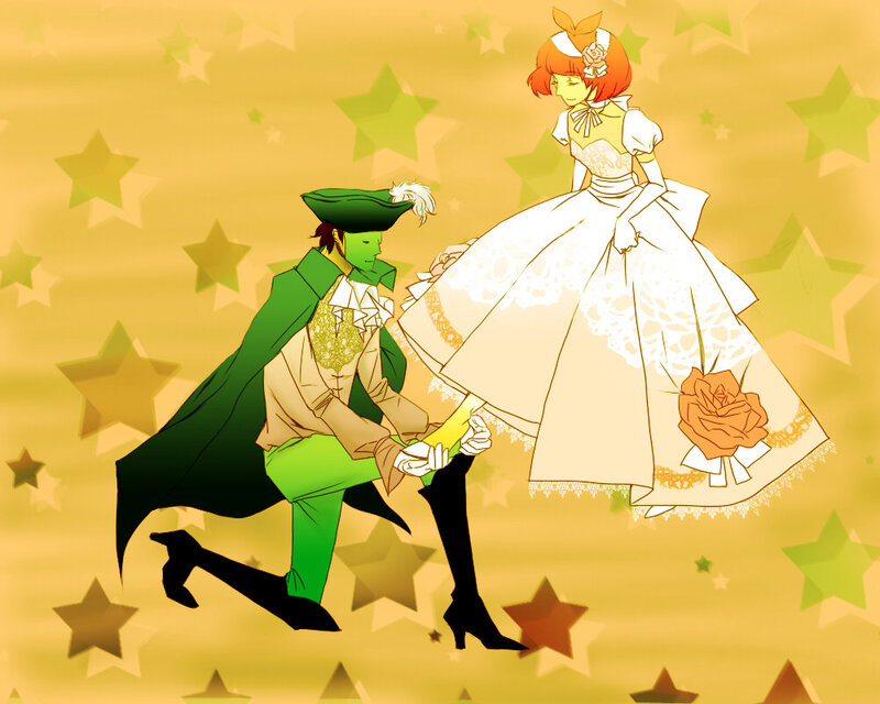Green man and woman in wedding dress