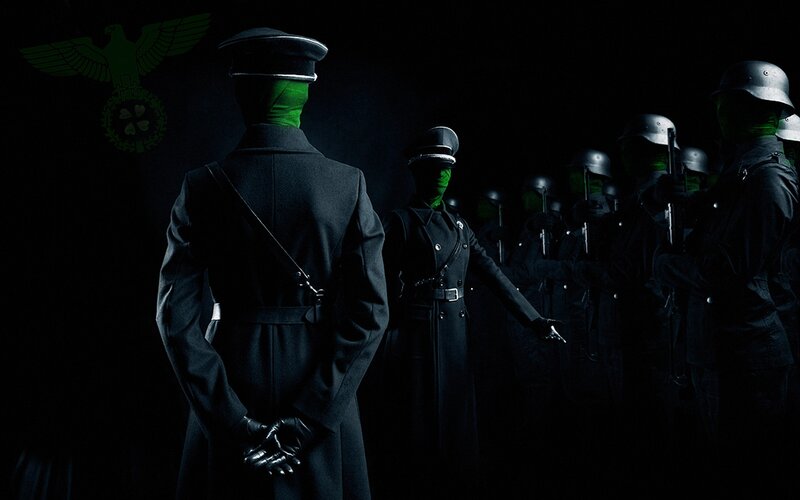 Green-masked soldiers in dark uniform