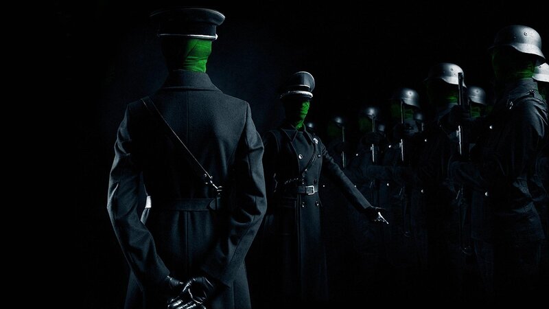 green-masked soldiers in dark uniform