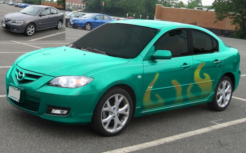 green mazda with flame decals