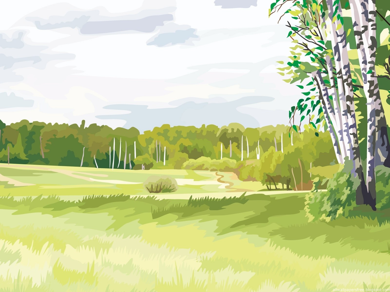 Green meadow with birch trees